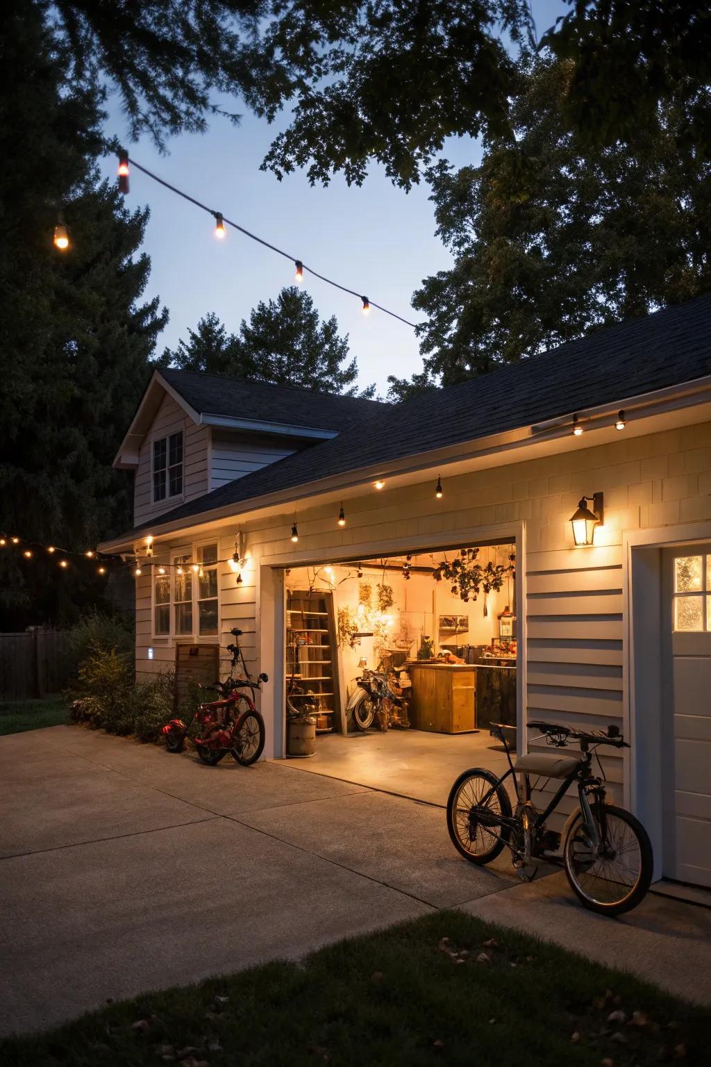 Garage illumination accents enhancing evening curb presence.