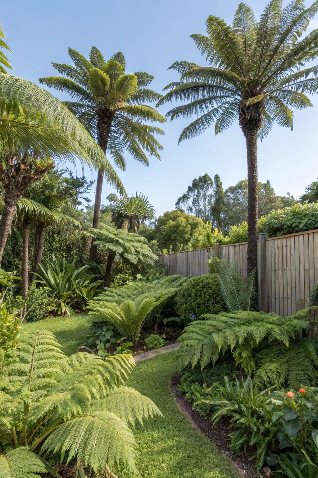 A vibrant, exotic garden oasis abundant with lively greenery.