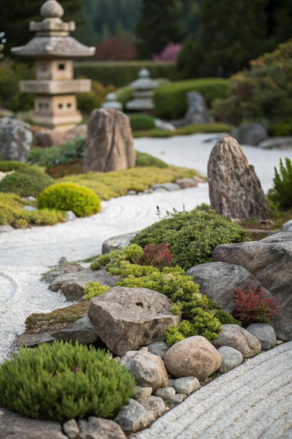 A rock garden with rocks of differing sizes, dispersed with lush plants.