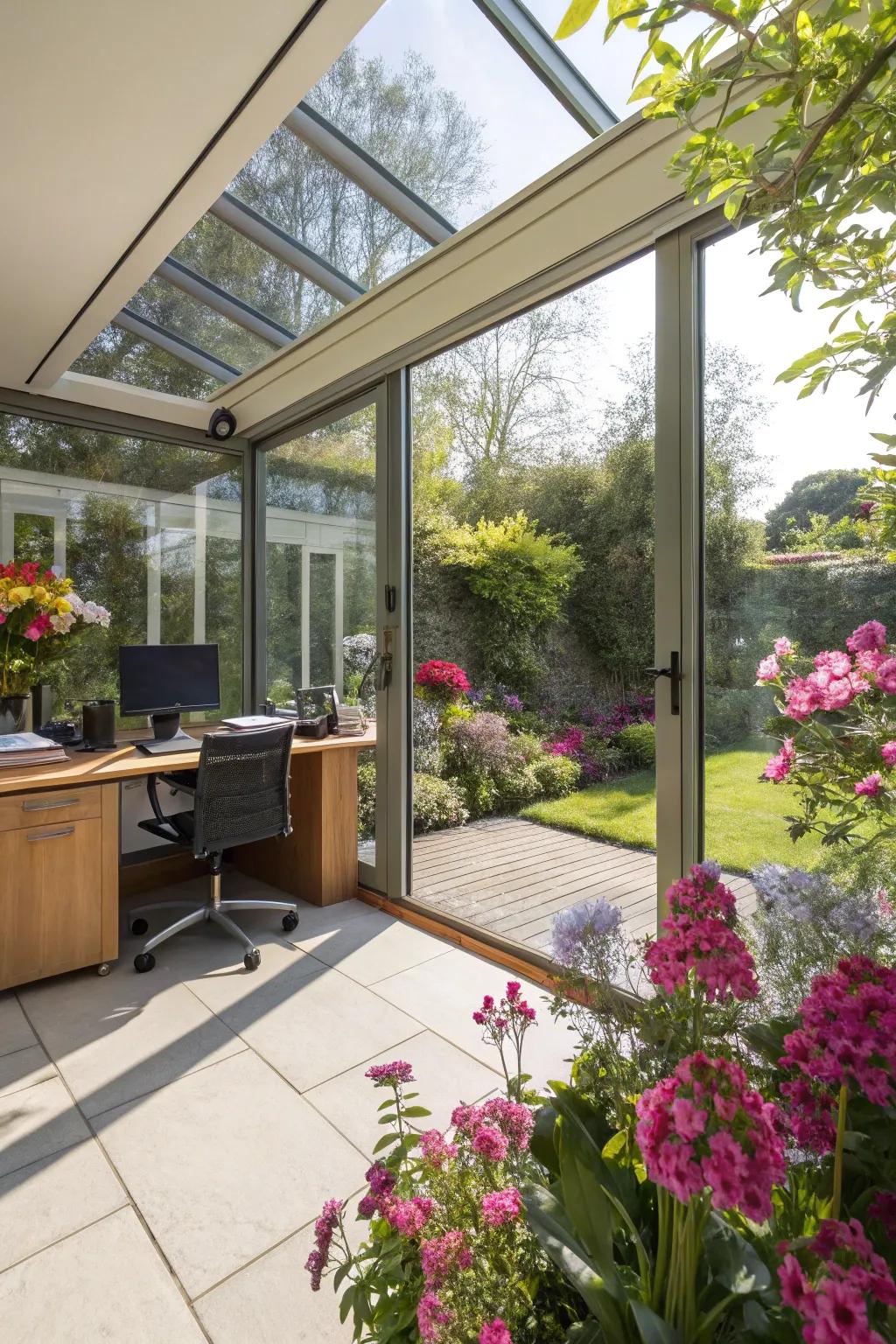 A sun-drenched garden office featuring glass walls, delivering a bright and airy ambiance.