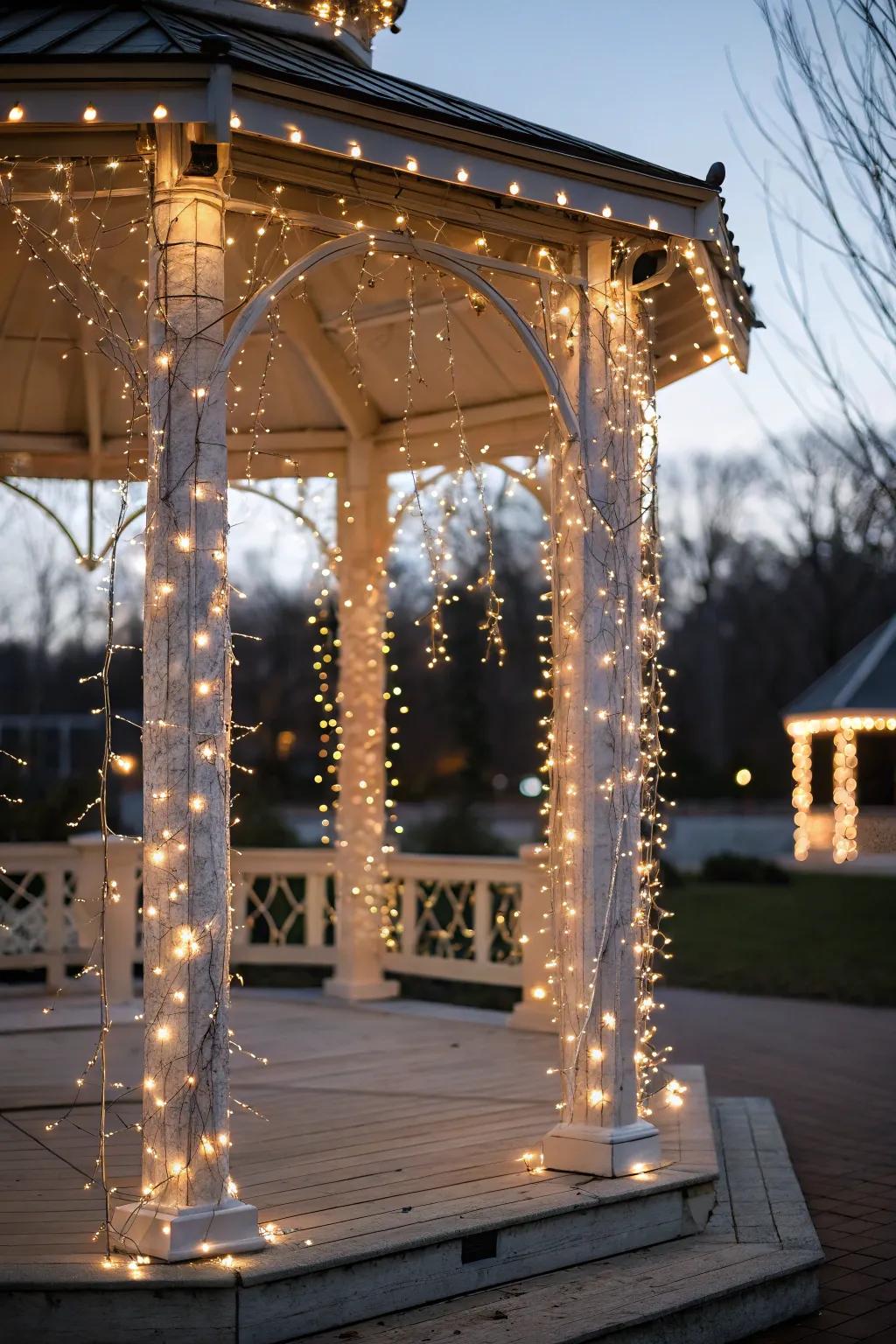 Sprite lights encircling gazebo pillars introduce a whimsical aesthetic.