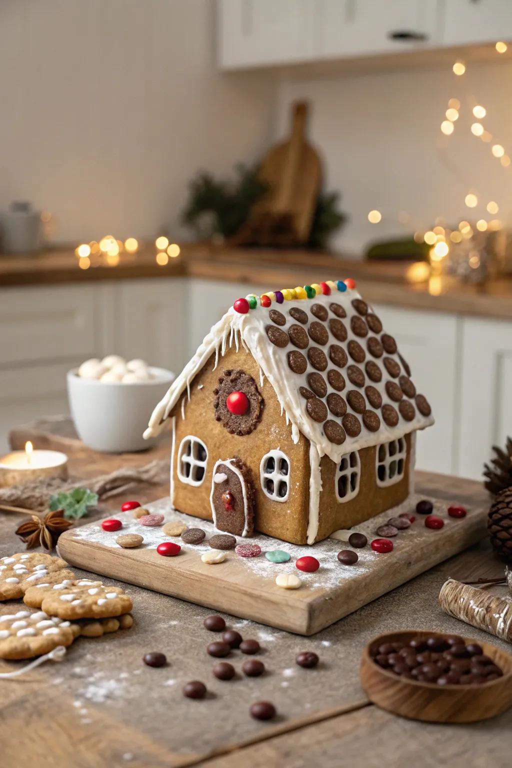 A gingerbread roof adorned with confectionery disc tiles.