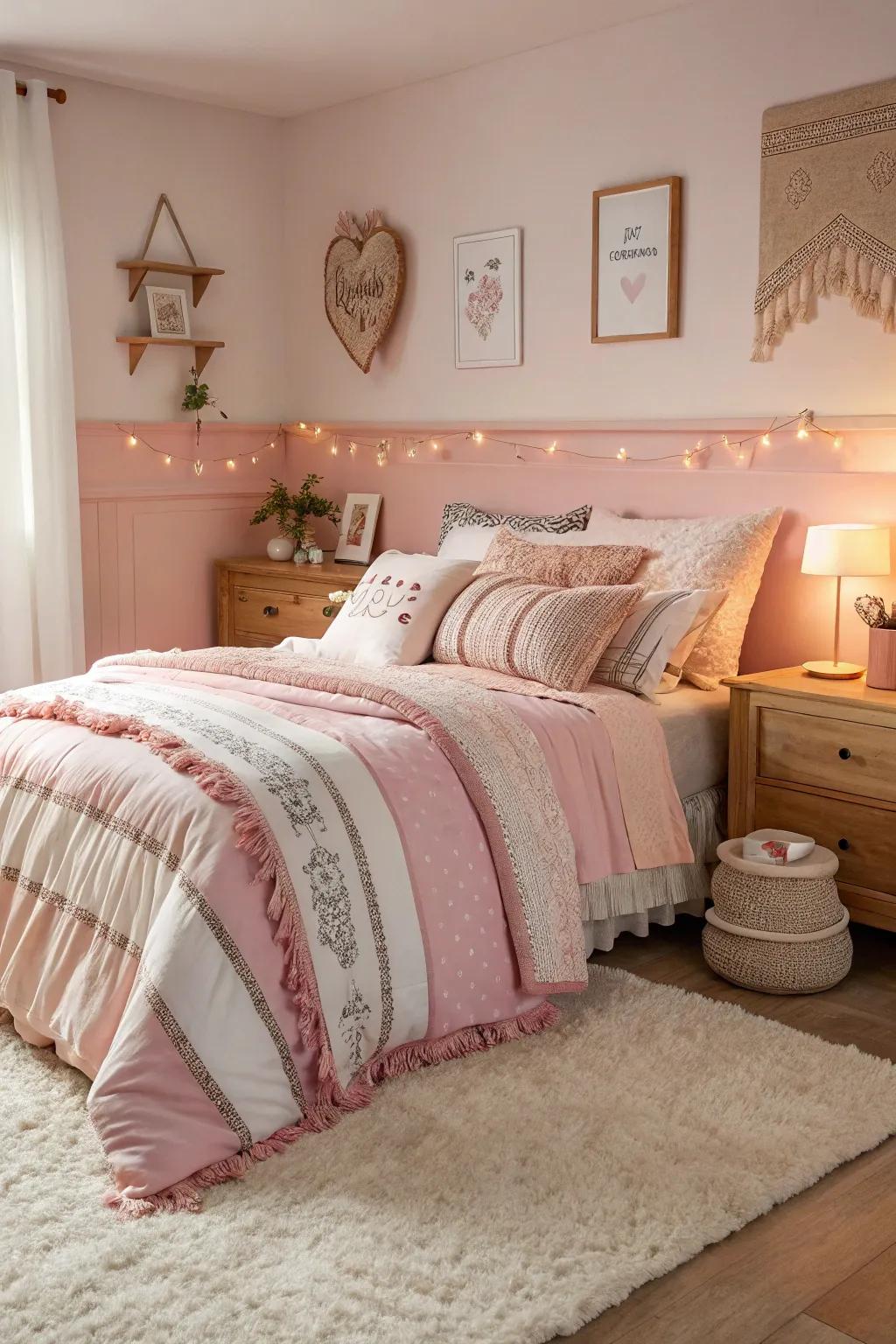 Layered materials bestow warmth and comfort to a shared girls' room.