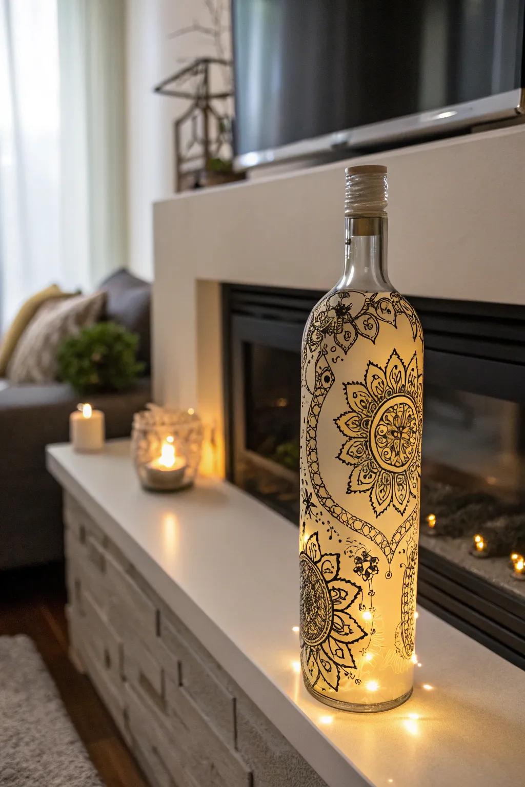 Detailed pattern artwork bringing a glass bottle to life.
