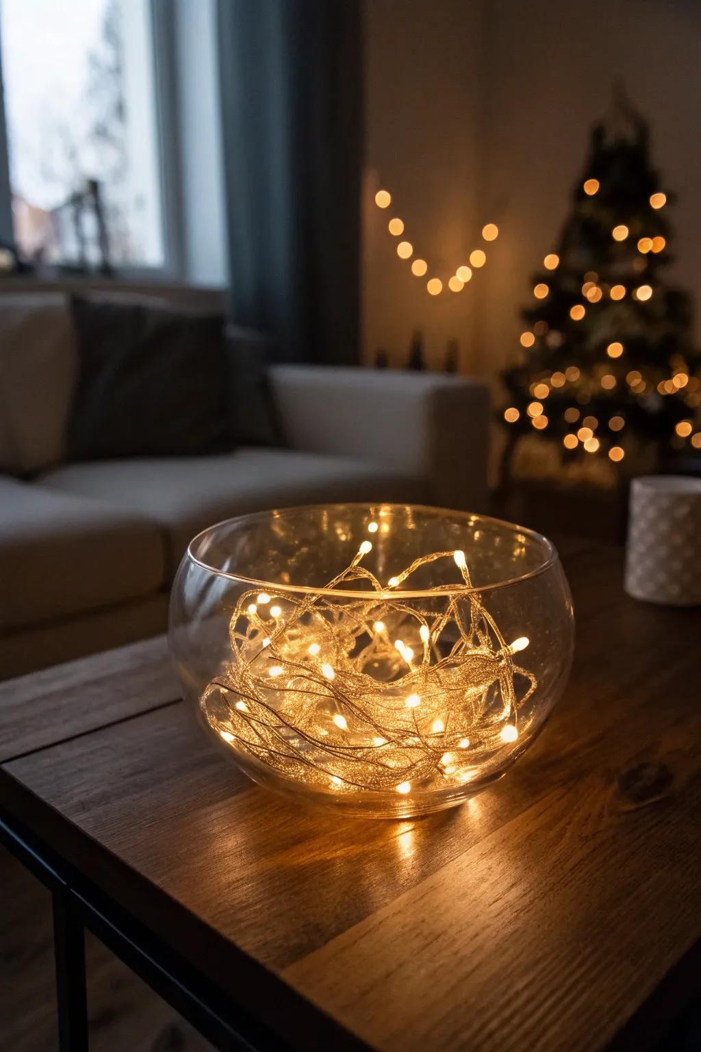 String lights nestled in a glass bowl create a magical atmosphere.
