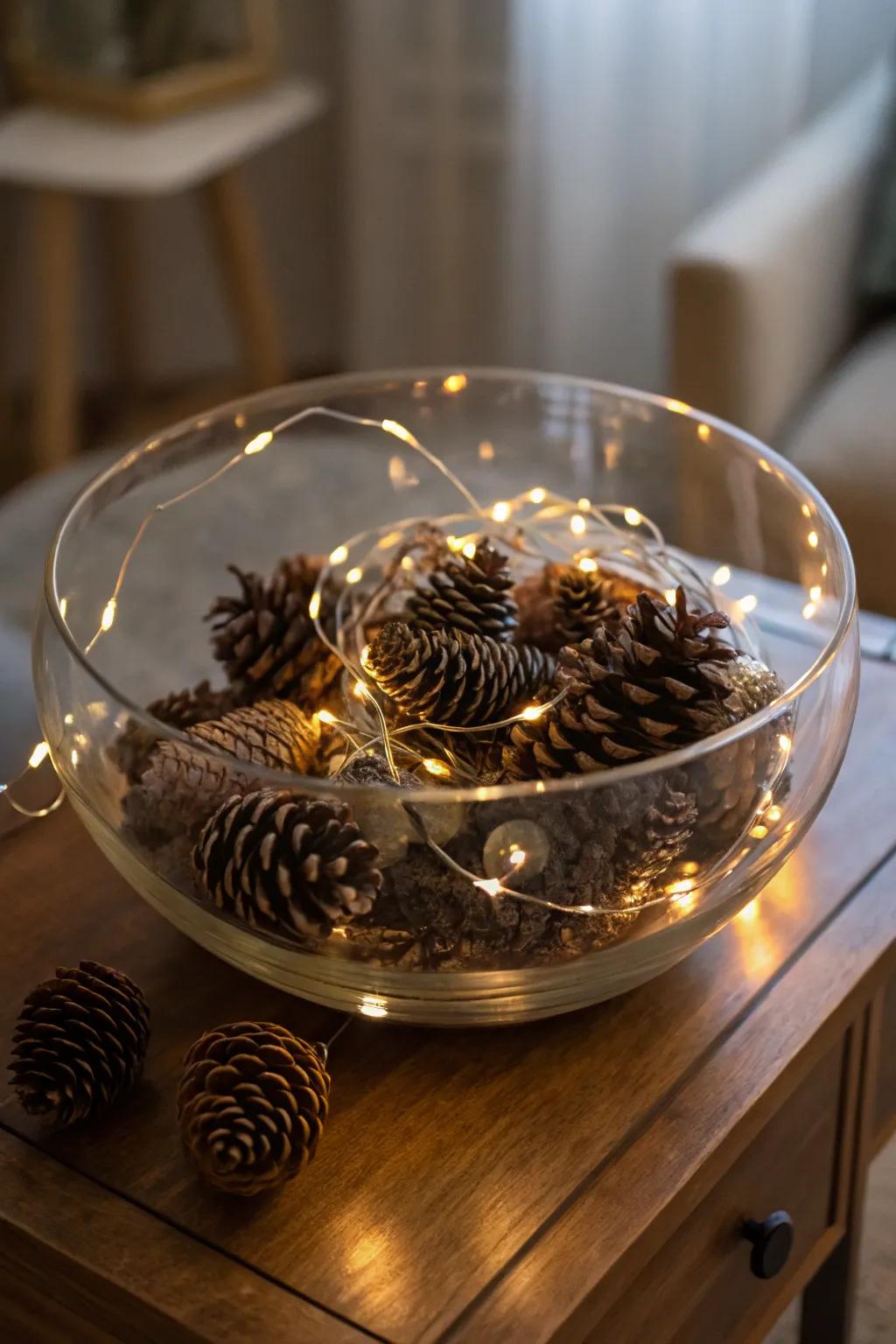 An enchanting radiance emanating from fairy lights nestled within a crystal vessel.