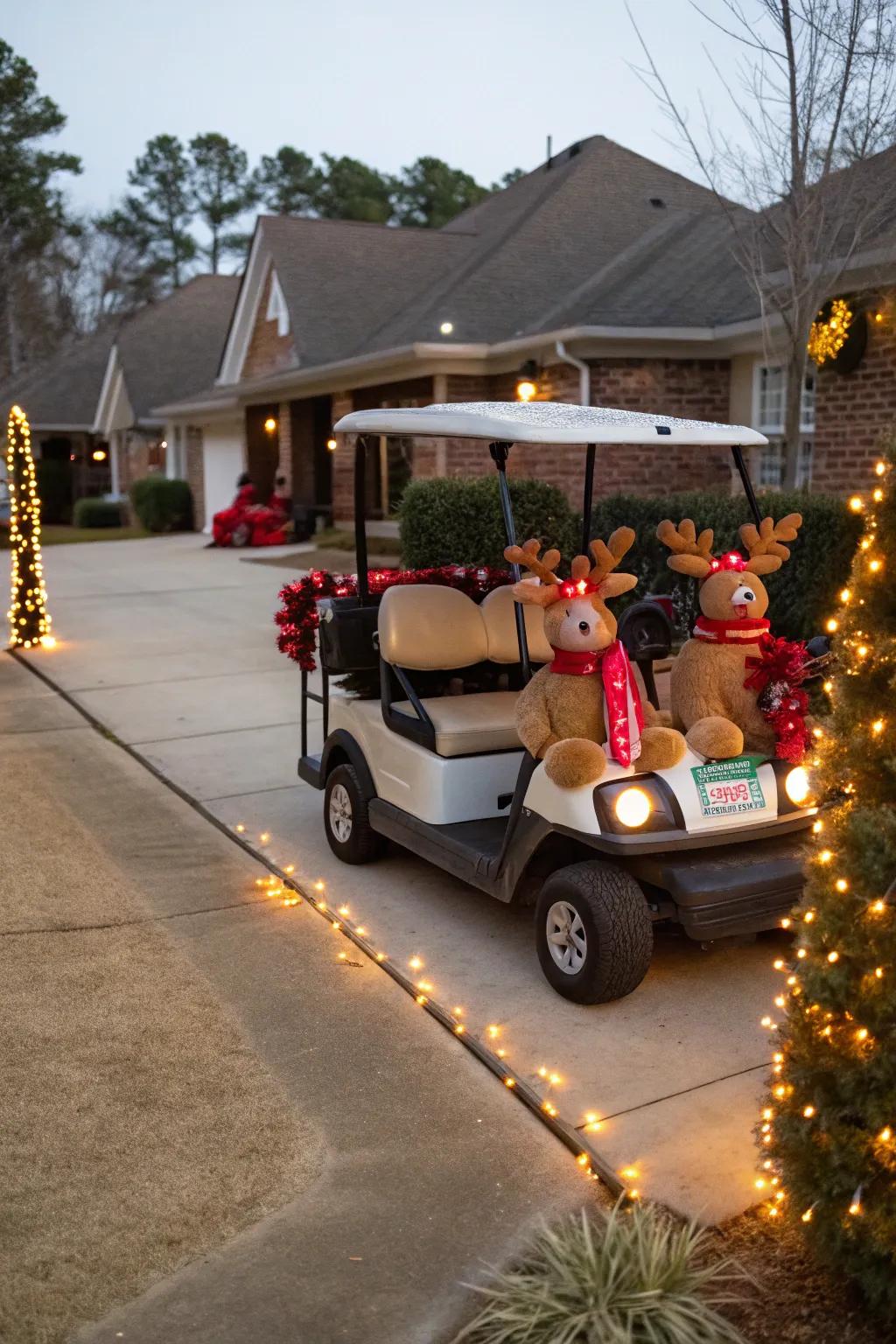 Rudolph directs the course on this festive golf cart.