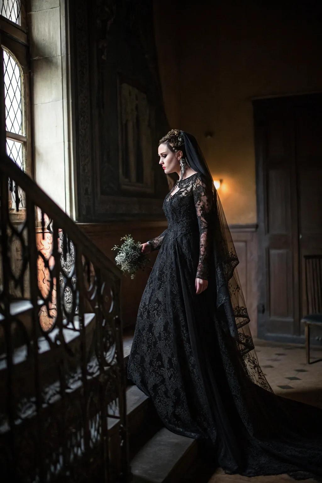A Gothic bride in a show-stopping shadowy lace wedding dress.