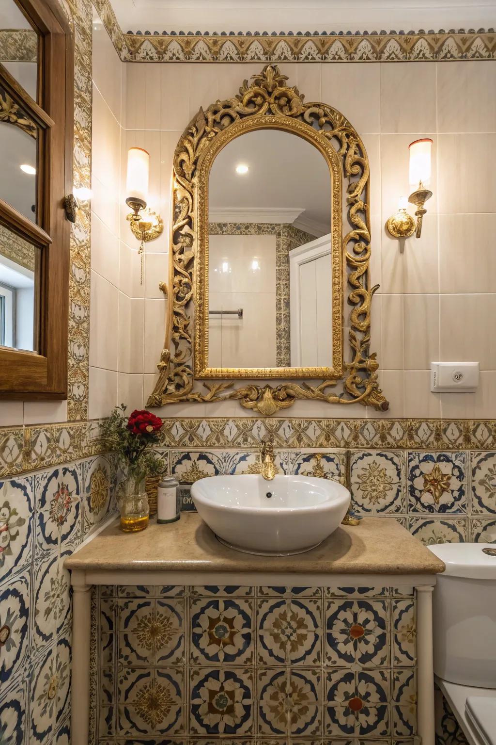 Complex elements intensify the gothic elegance appearing throughout this bathroom.