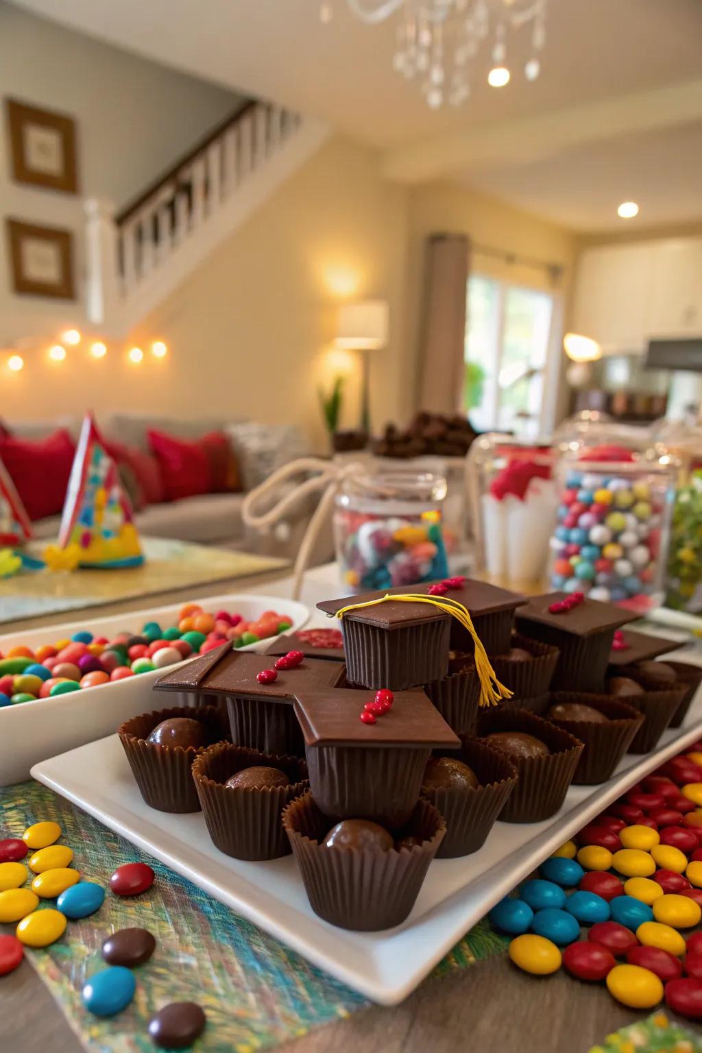 Crafted graduation caps make your candy table both entertaining and celebratory.