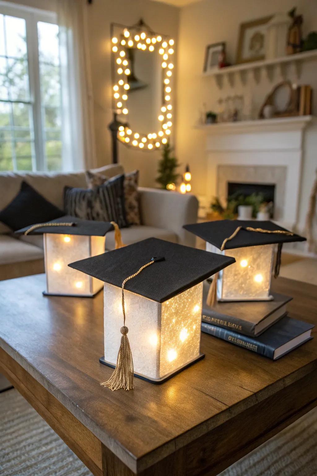 Graduation cap lanterns illuminate the celebration with a cheerful glow.