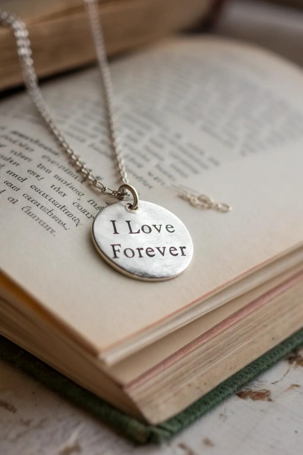 A meaningful pendant featuring an inscribed sentimental quote.