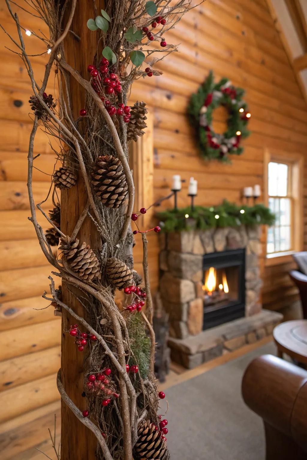 A grapevine tree ornamented with pinecones and berries, bestowing a rustic element.