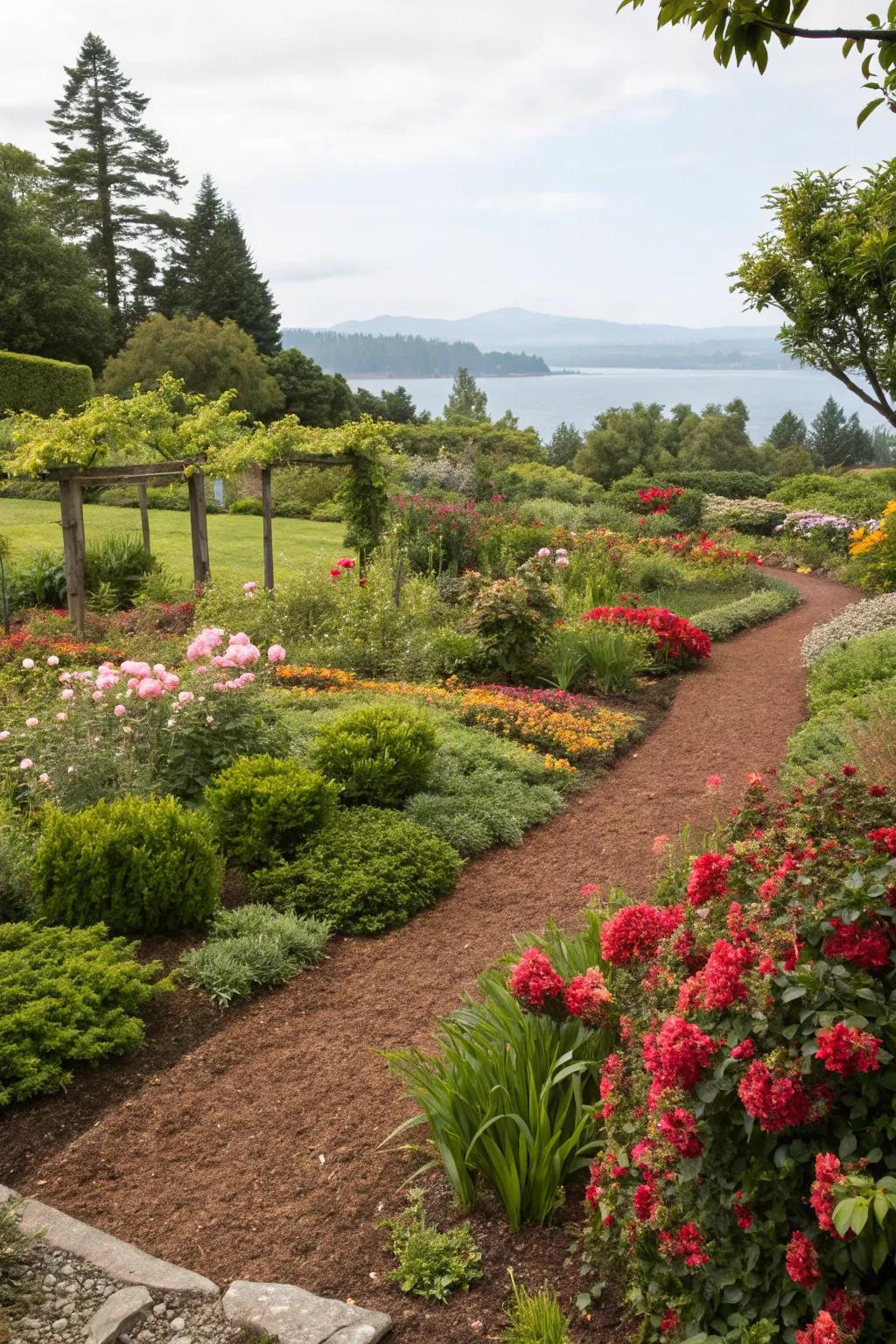 Mulch ensures hydration retention and a unified garden panorama.