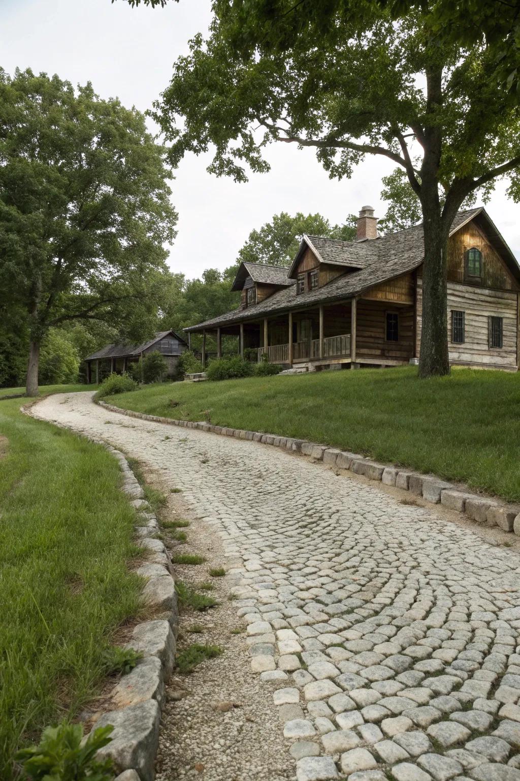 Cobblestone borders infuse a gravel driveway with rustic elegance.