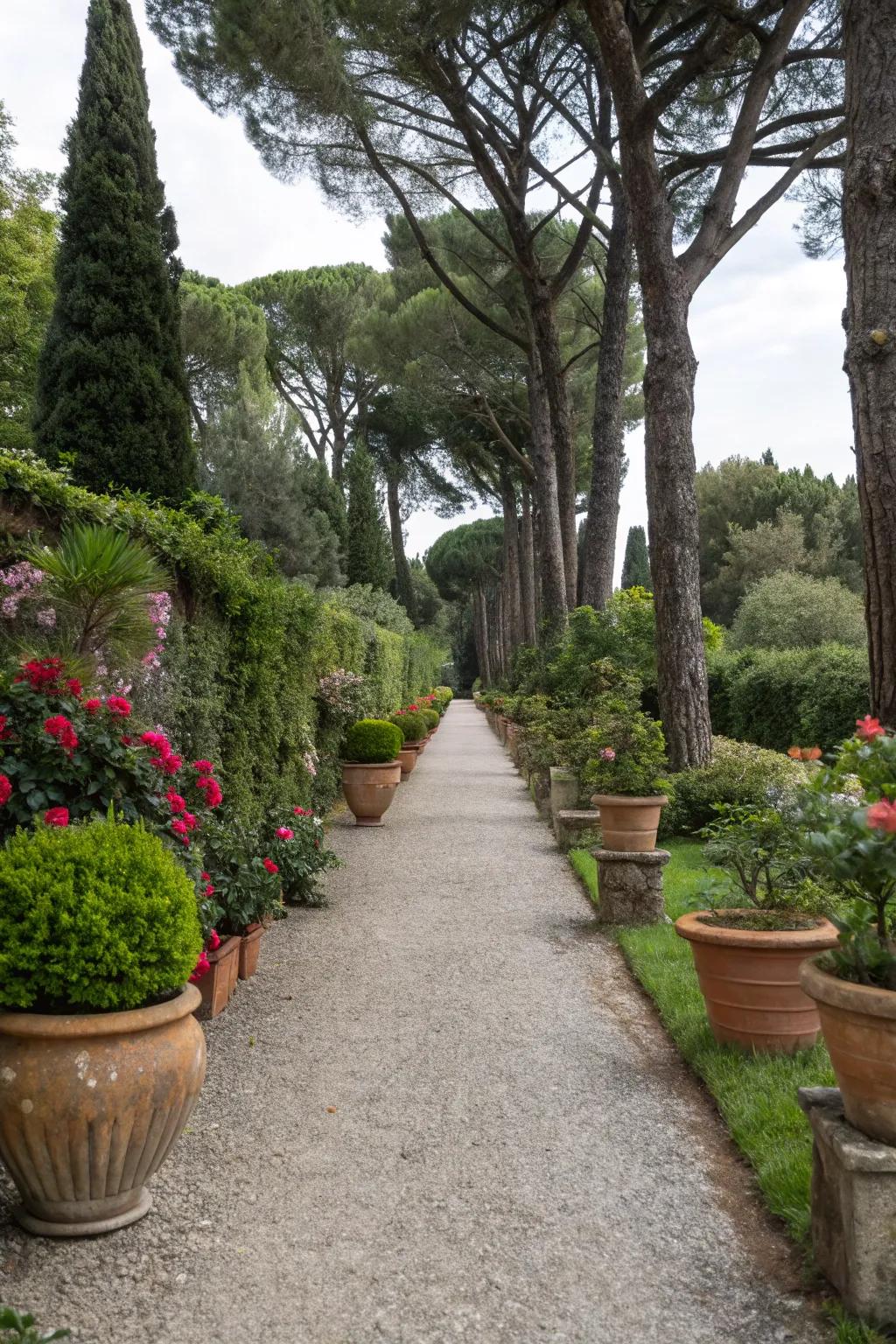 A gravel path is elegantly framed by a diverse assortment of planters.