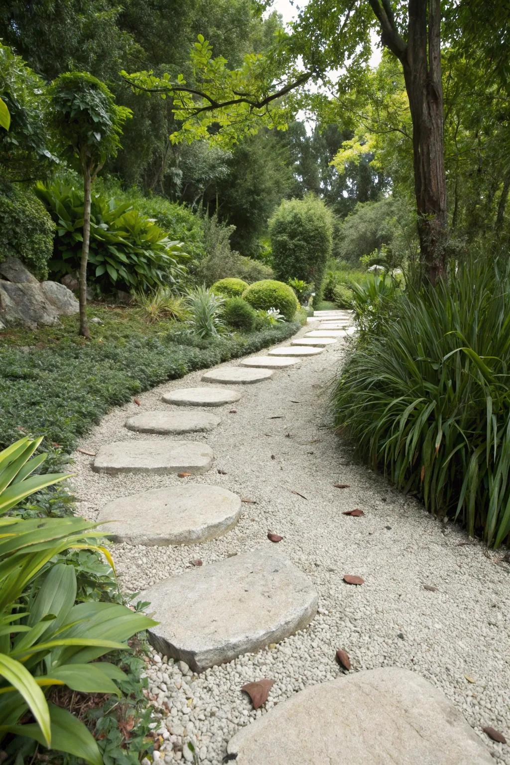 A gravel path amplified with stepping stones for added visual interest