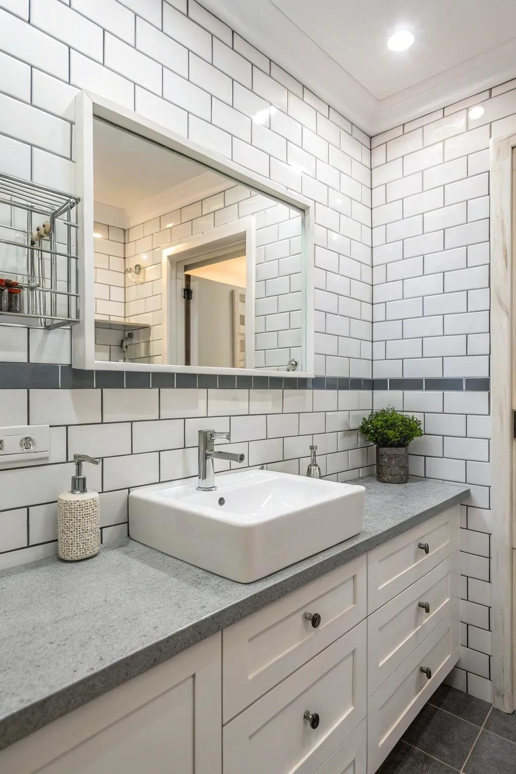 Pristine rectangular panels accompanied by ash grout provide an undying allure.