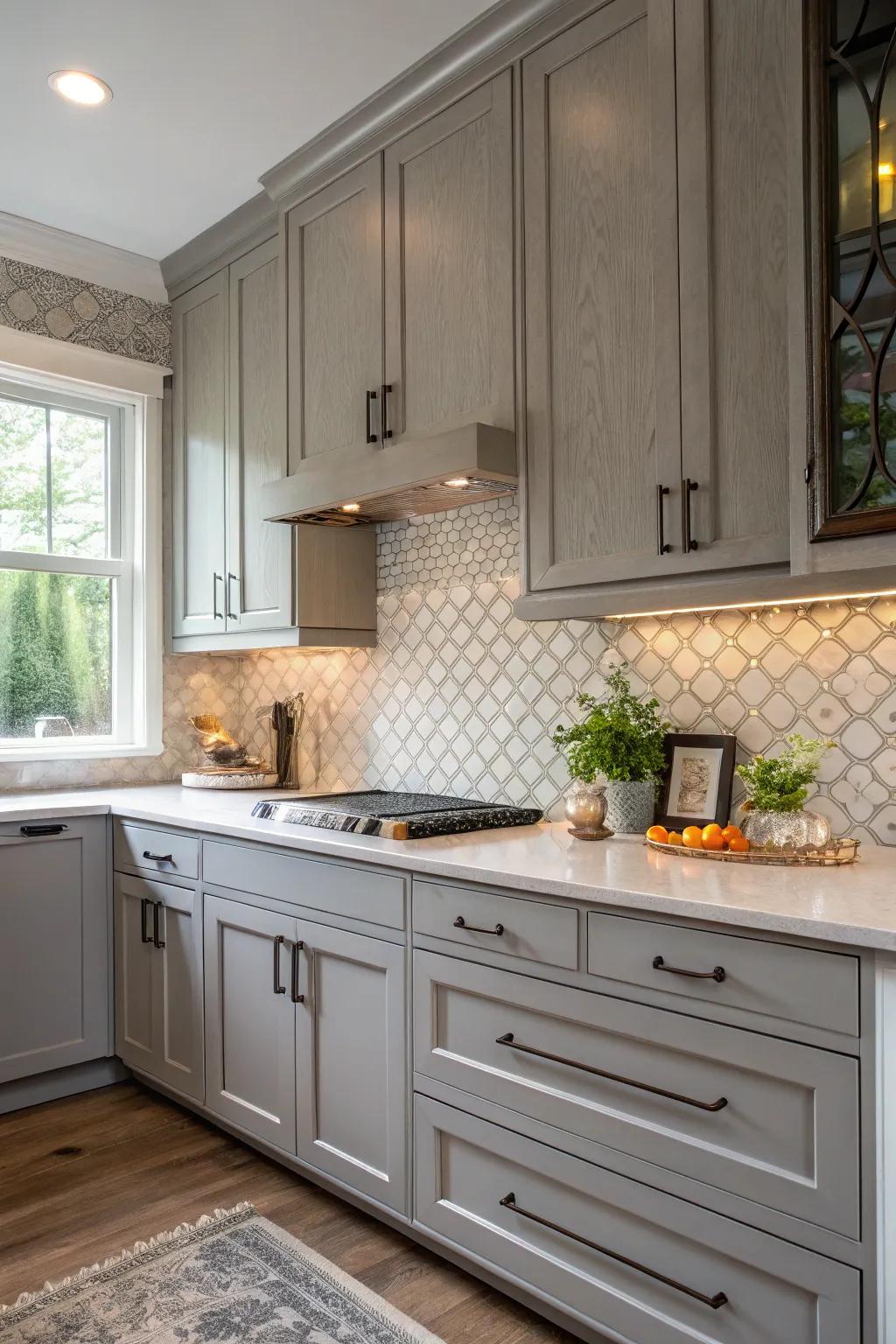 Textured tiles enhance the smooth finish of gray cabinets.