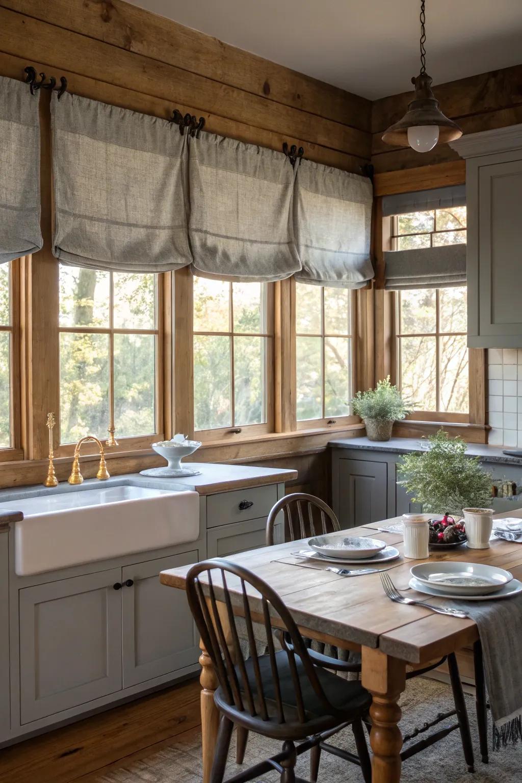 Dim Gray cornices infuse graceful architectural fascination to your kitchen fenestrations.