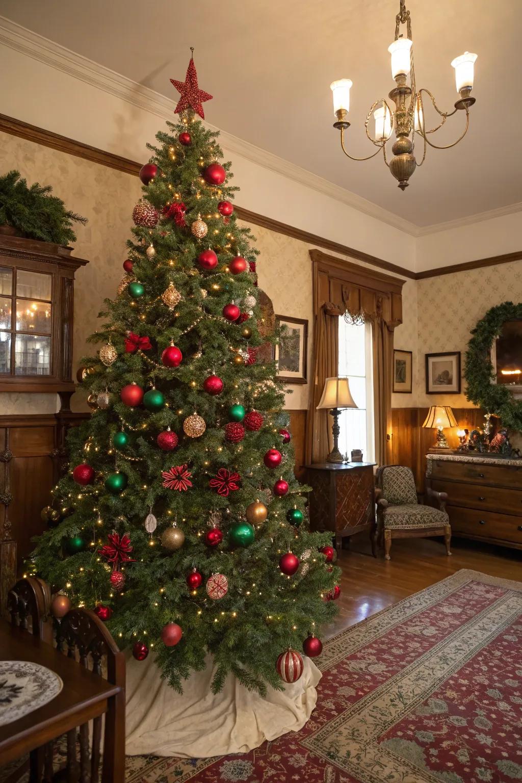 A captivating legacy-inspired Christmas tree adorned with crimson and emerald ornaments.