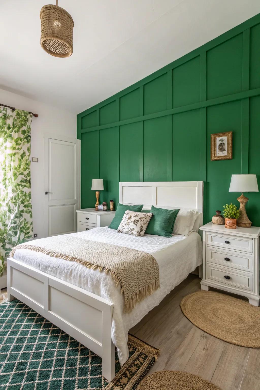 A striking green statement wall introduces depth and character.