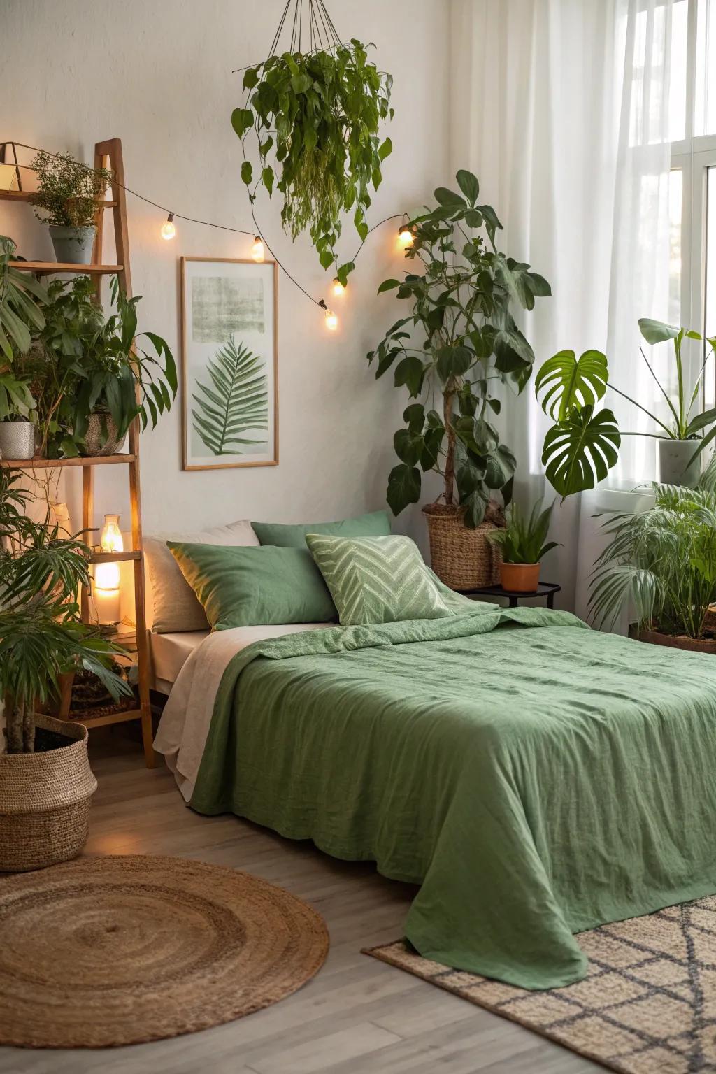 A peaceful bedroom with verdant bedding.