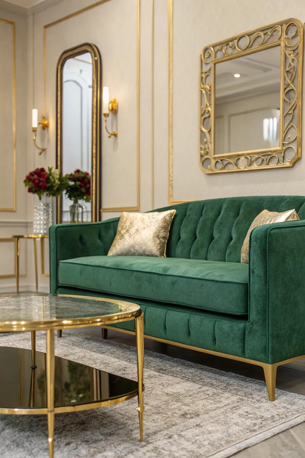 A sumptuous lounge featuring a green velvet couch and gilded details.