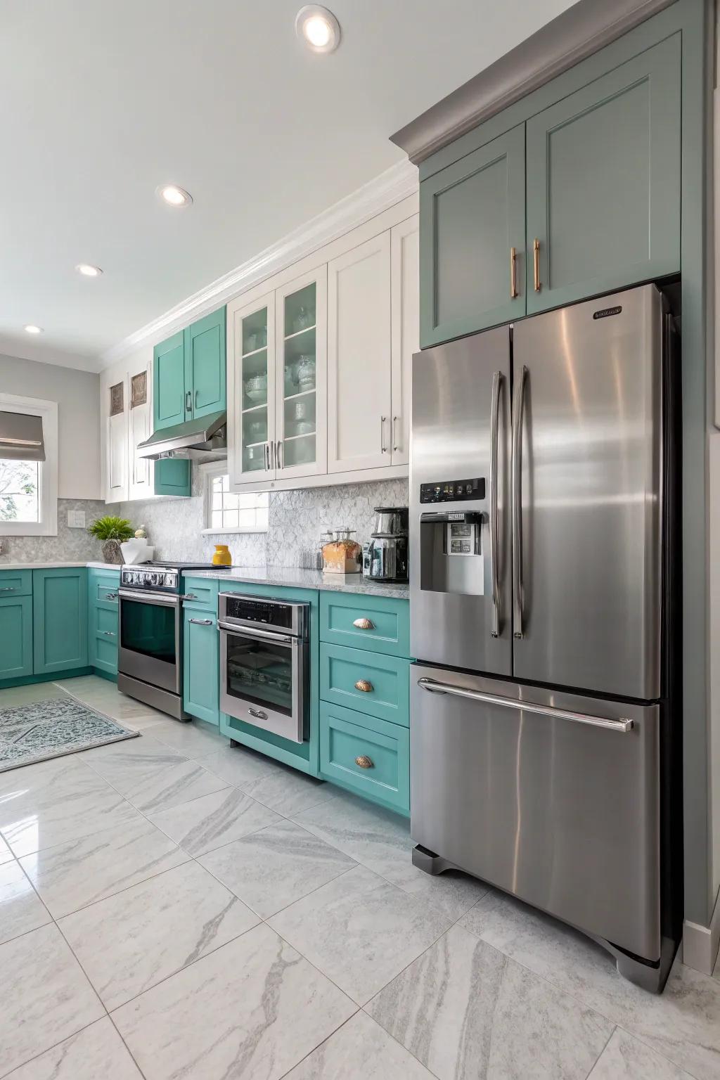 Brushed metal fixtures introduce a contemporary edge to the color scheme.