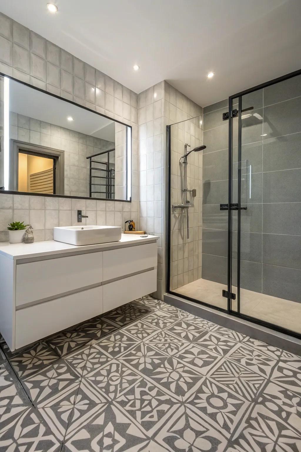 Tiles with texture enhance the aesthetic of a grey bathroom.