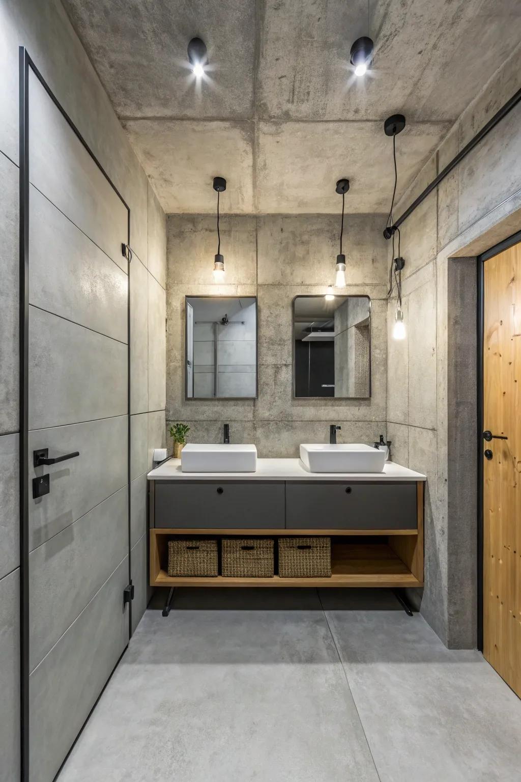 Cement grey generates an urban refined aesthetic within this minimalist lavatory.