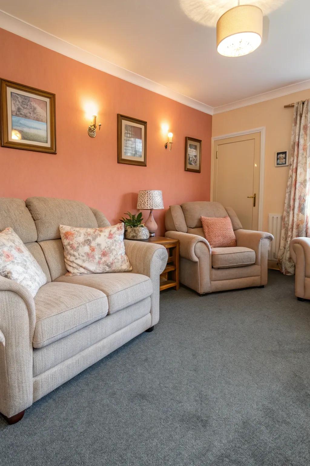 Apricot walls imbue warmth and appeal when paired with grey carpets.