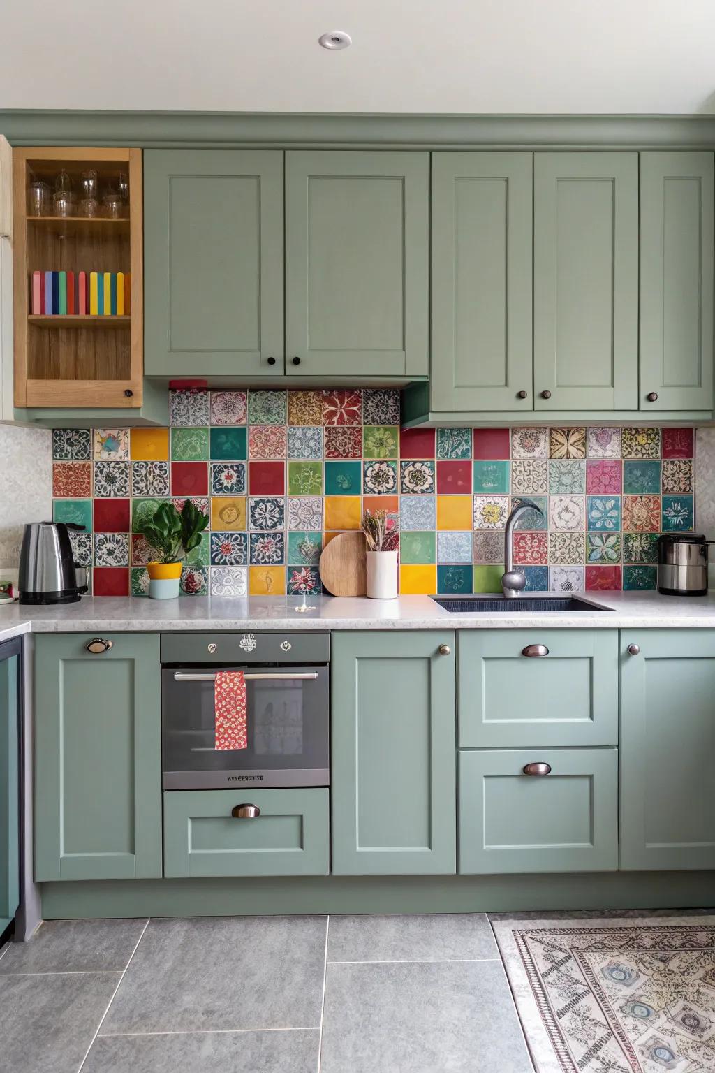 A vivid backsplash infuses a burst of color into grey-green cabinets.