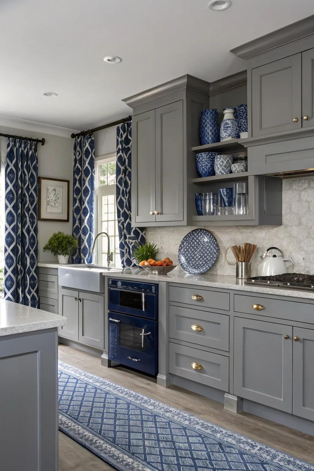 Vibrant color embellishments create a striking contrast in a grey kitchen.