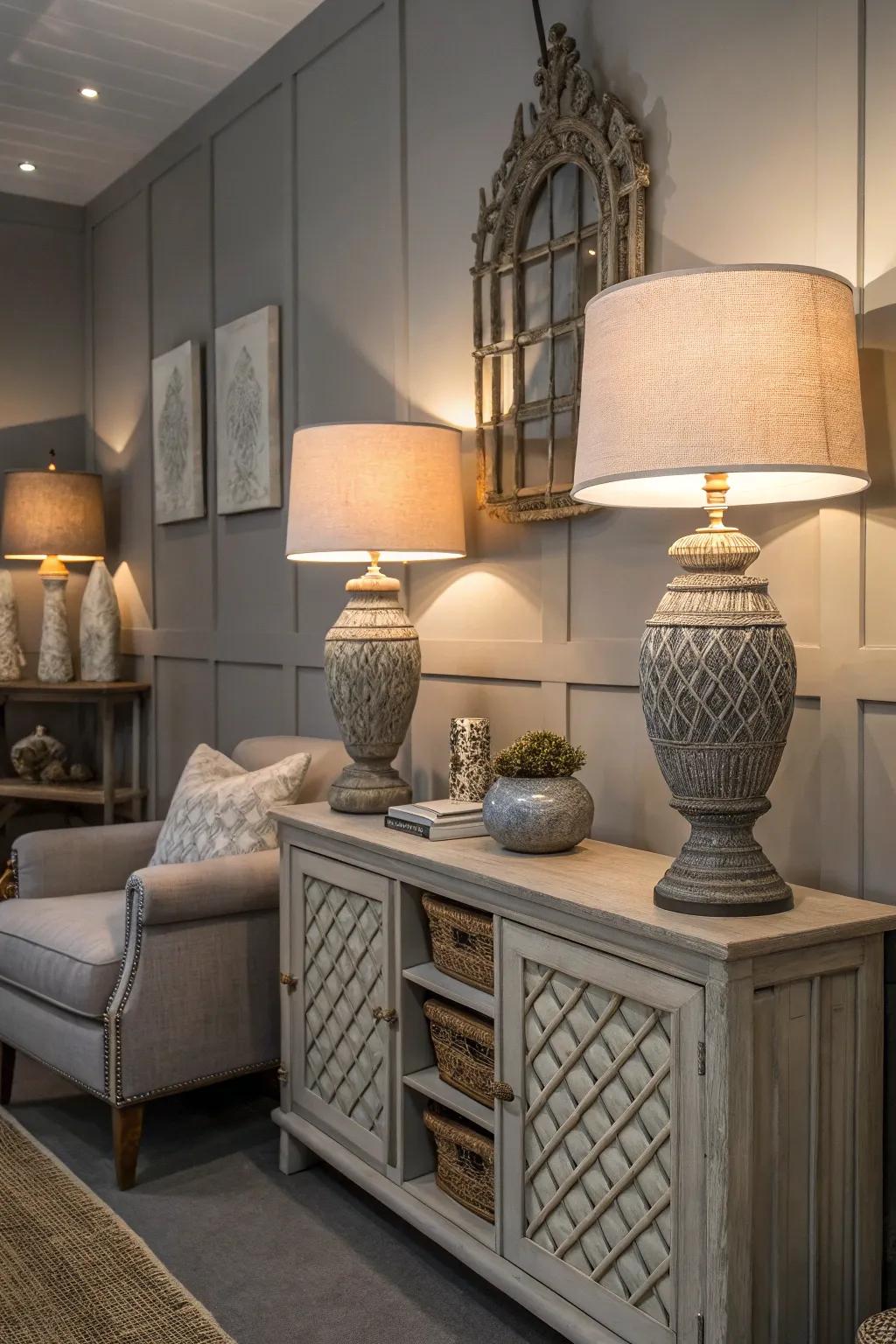 Tiered lighting introduces warmth to this grey-themed space.