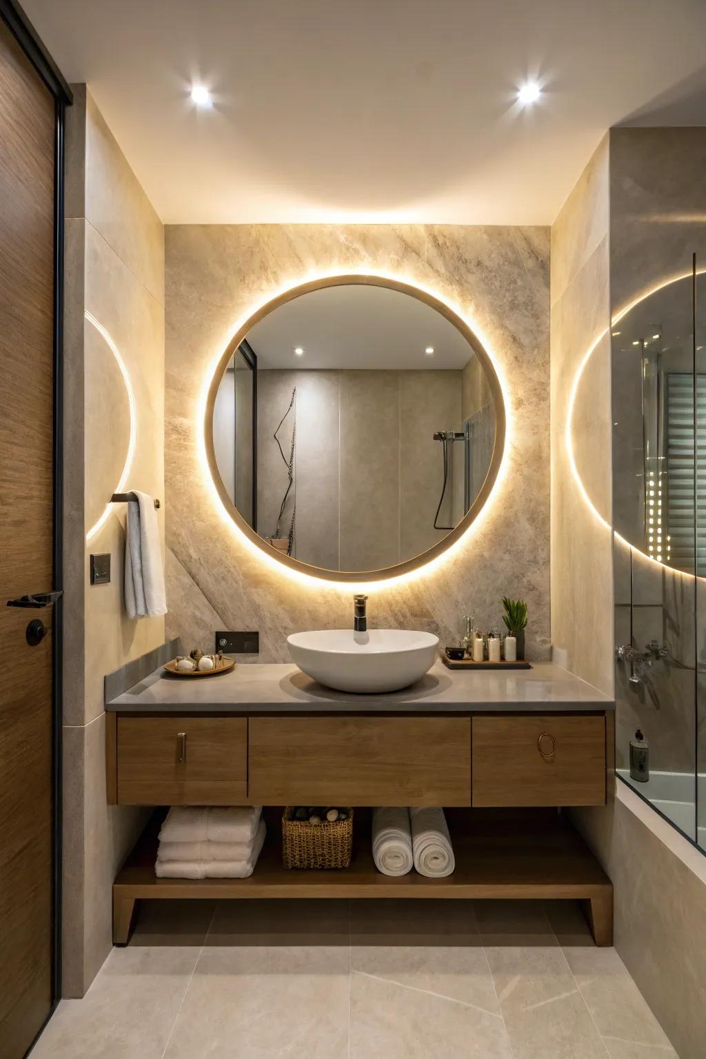 A remarkable mirror turns into the central attraction in this modern bathroom.