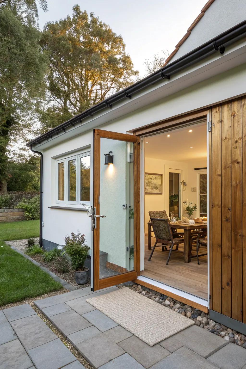 A guest house with sliding entrances that combine interior and exterior locations harmoniously.