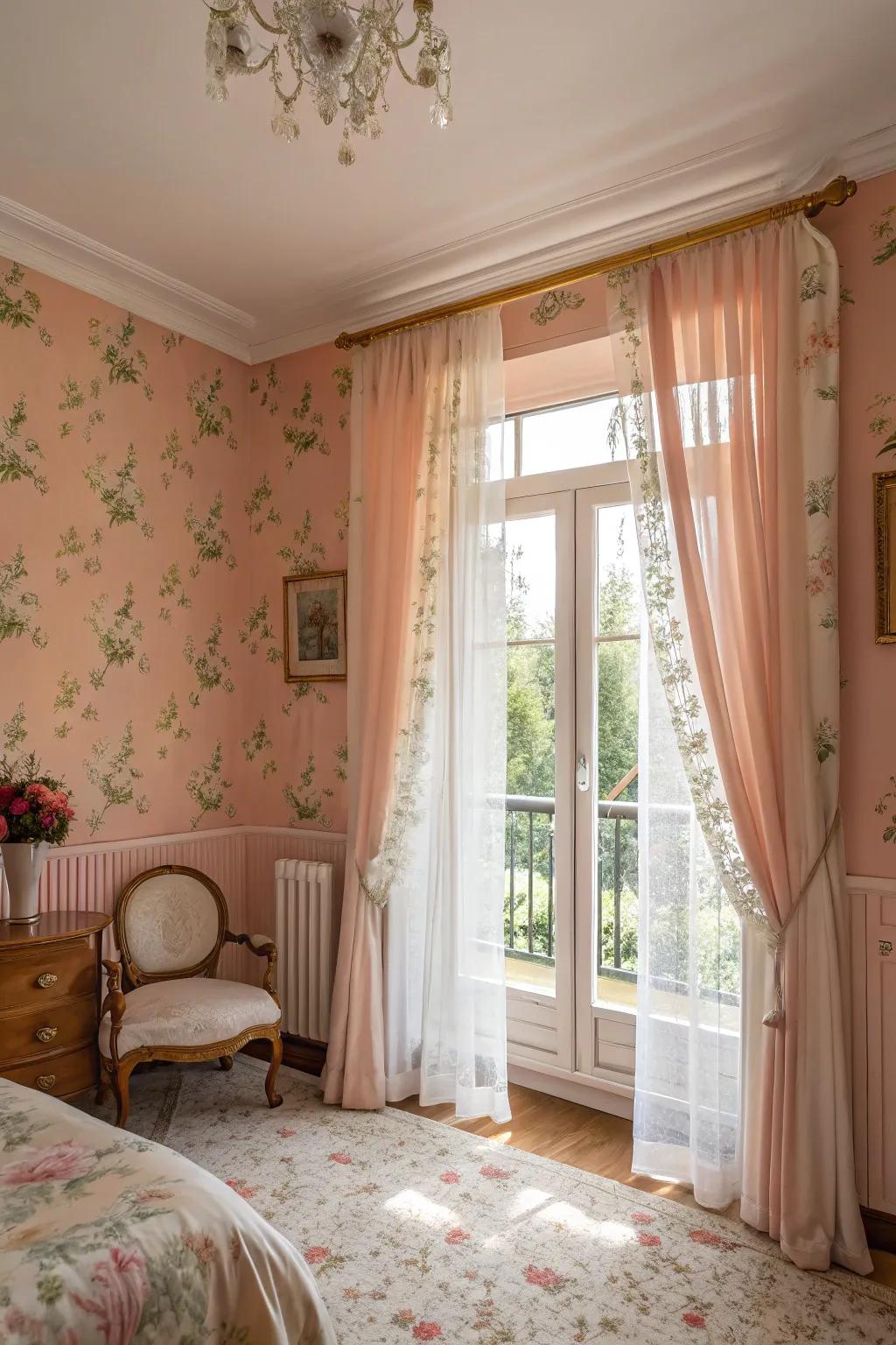 A guest room saturated in peach-pink tones for a welcoming feel.
