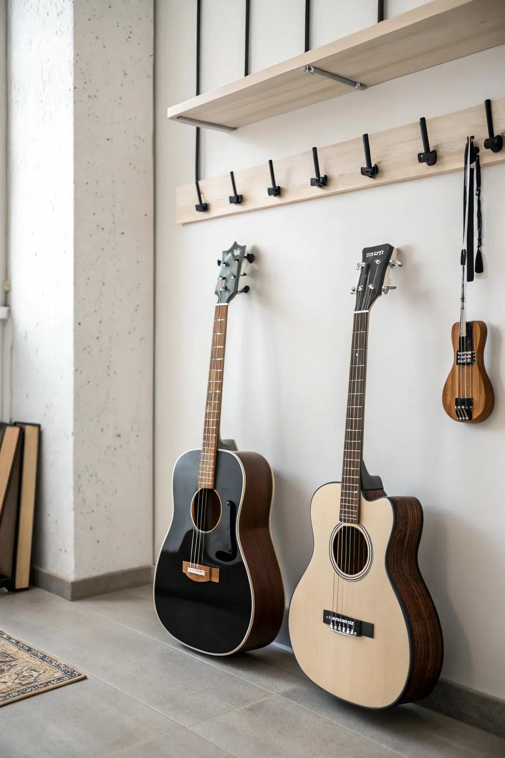 Guitars showcased on simple fasteners for a clean look.