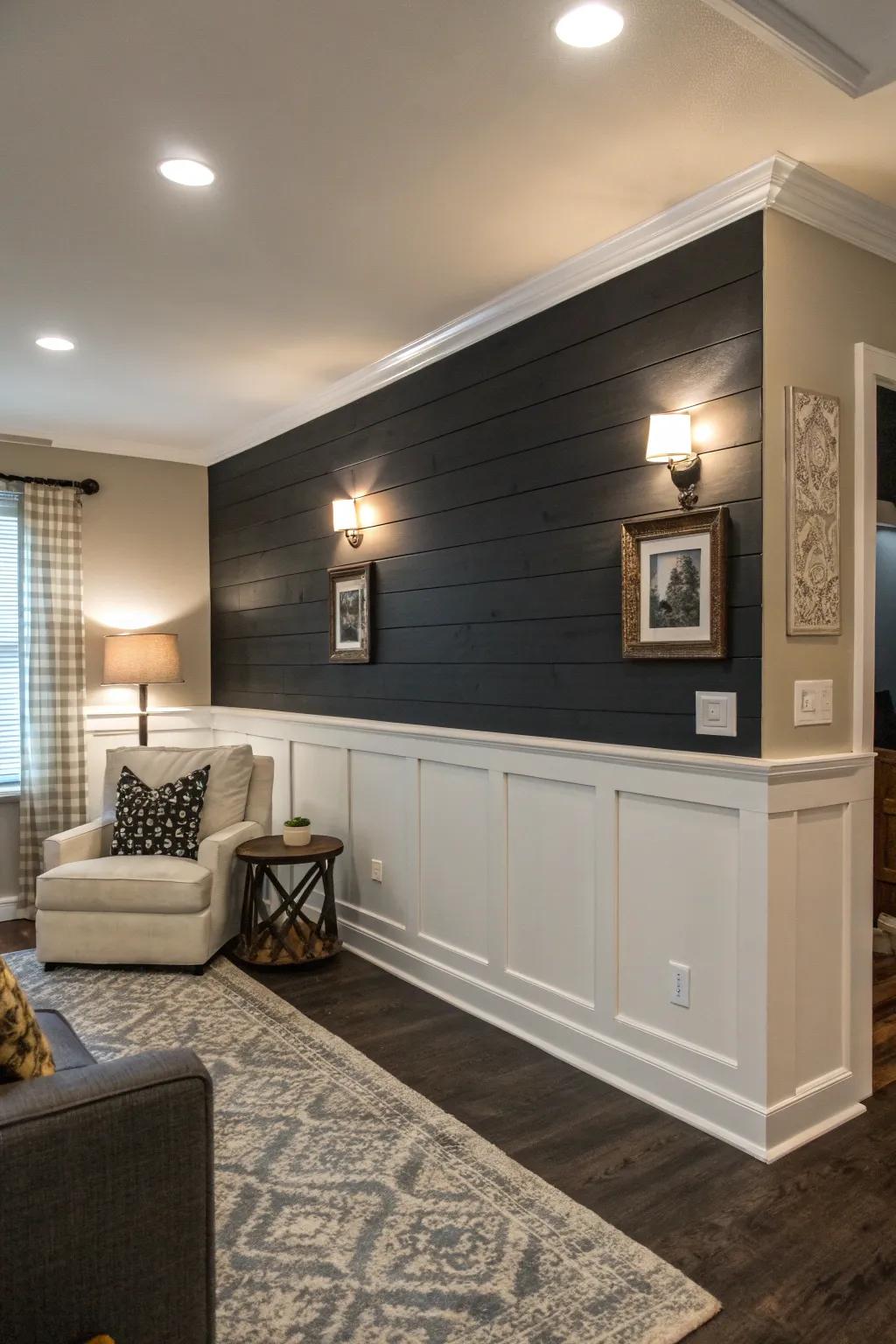 Somber shiplap cultivates audacious divergence and dimension within a residing area.