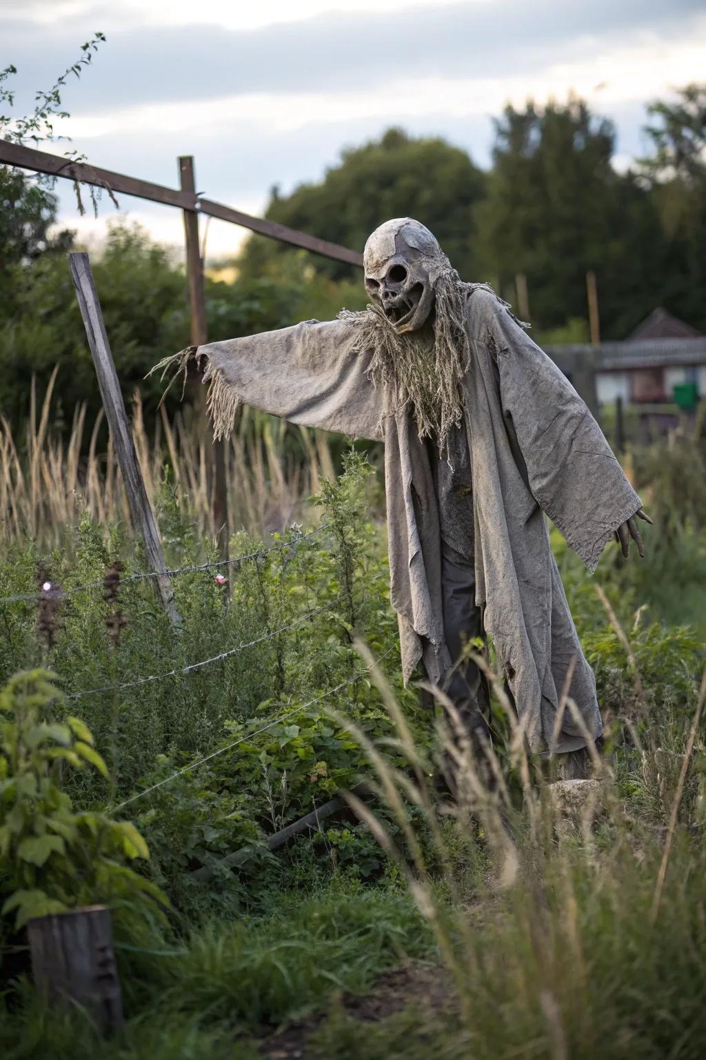 An effigy guardian imparts a countryside feel to your Halloween decor.