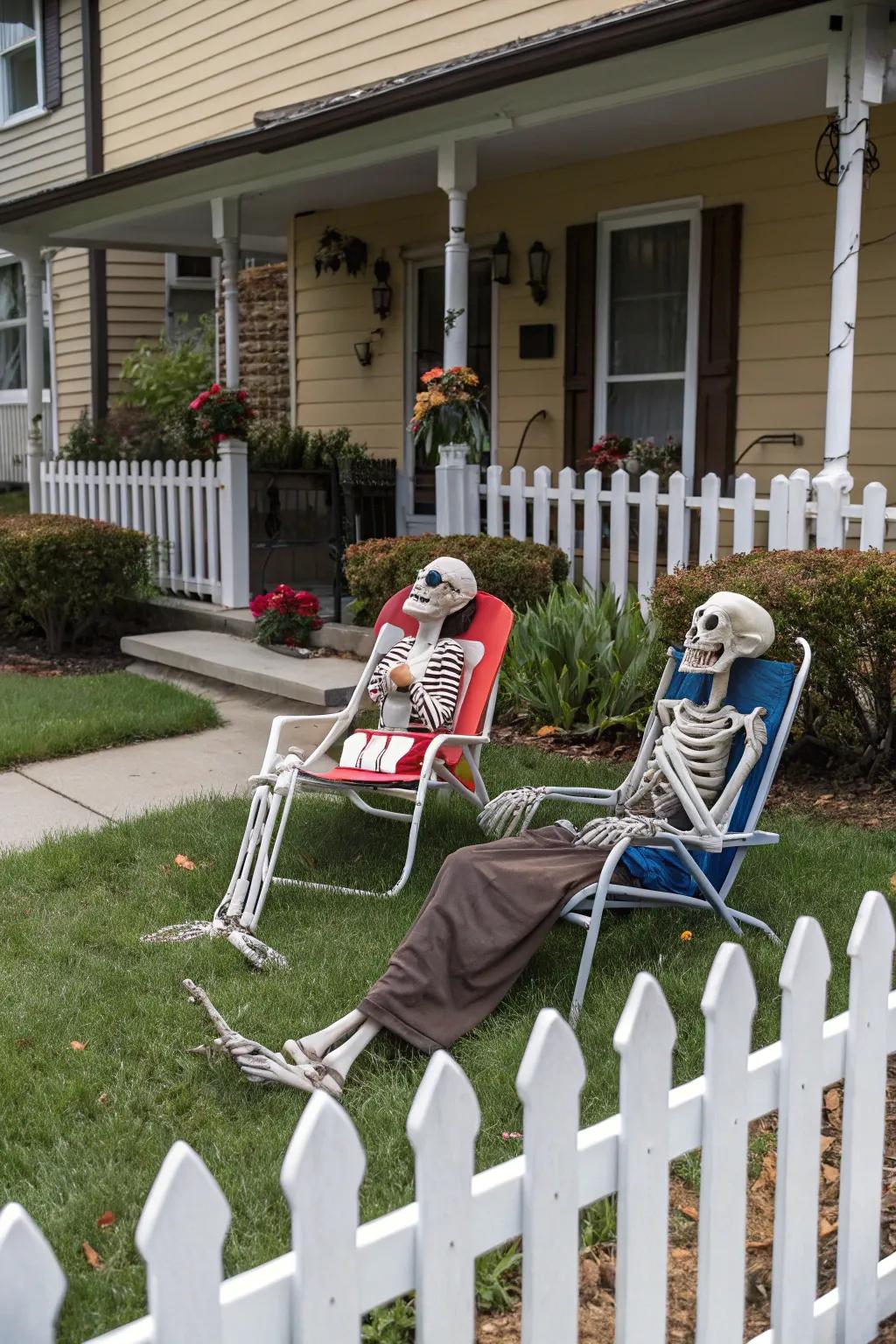 Humorous skeletons savoring an evening in the front garden.