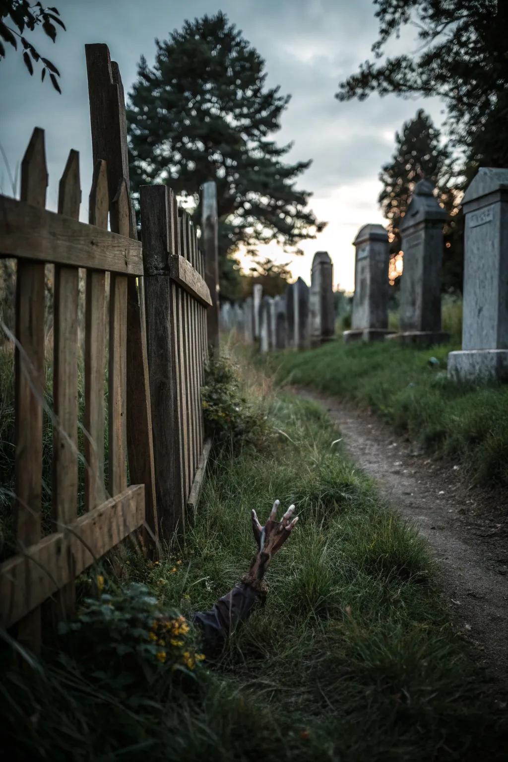 A chilling sepulcher vista with zombies ascending from their graves.