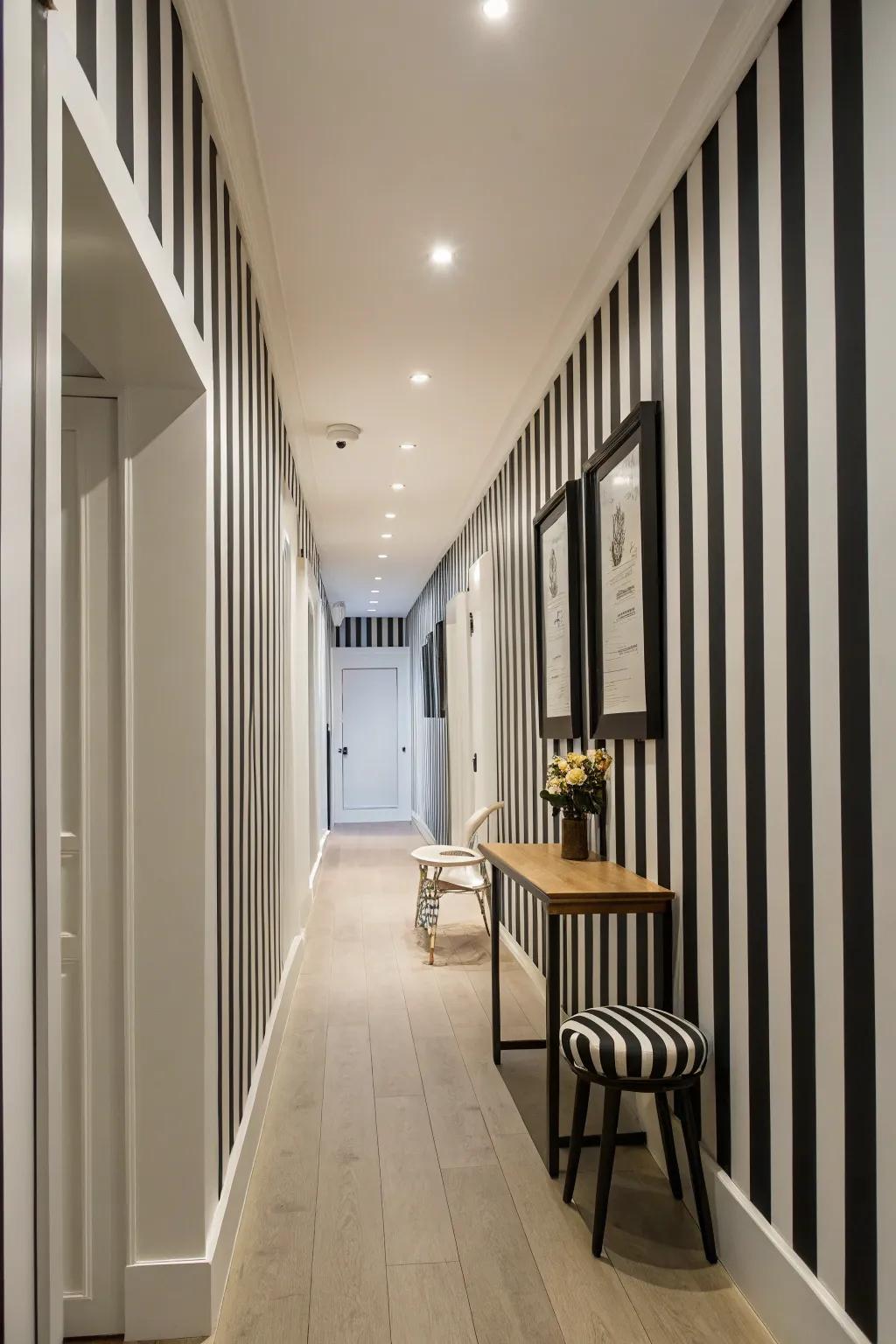A hallway featuring striking banded surface covering, enriching visual appeal.