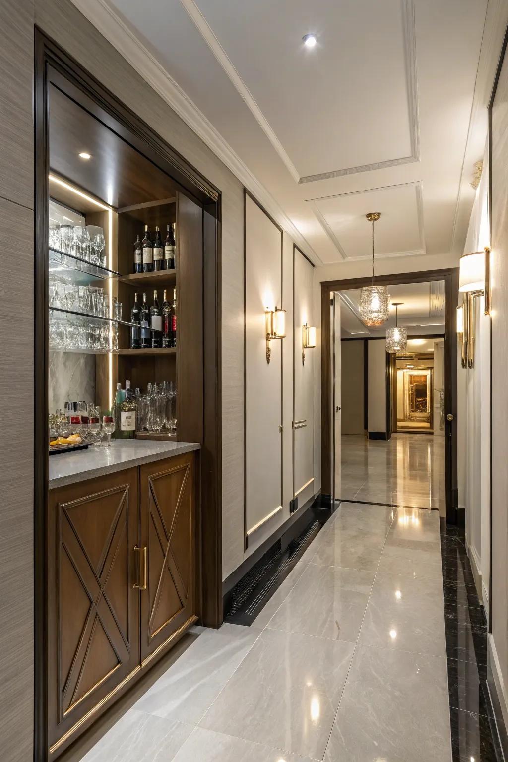 A concealed bar or bookcase imbues an element of surprise into your hallway.