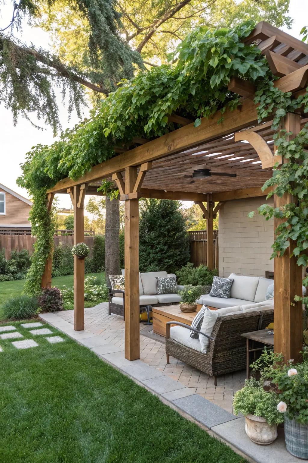 A pergola offers both shade and style, amplifying the Hamptons ambiance of your backyard.