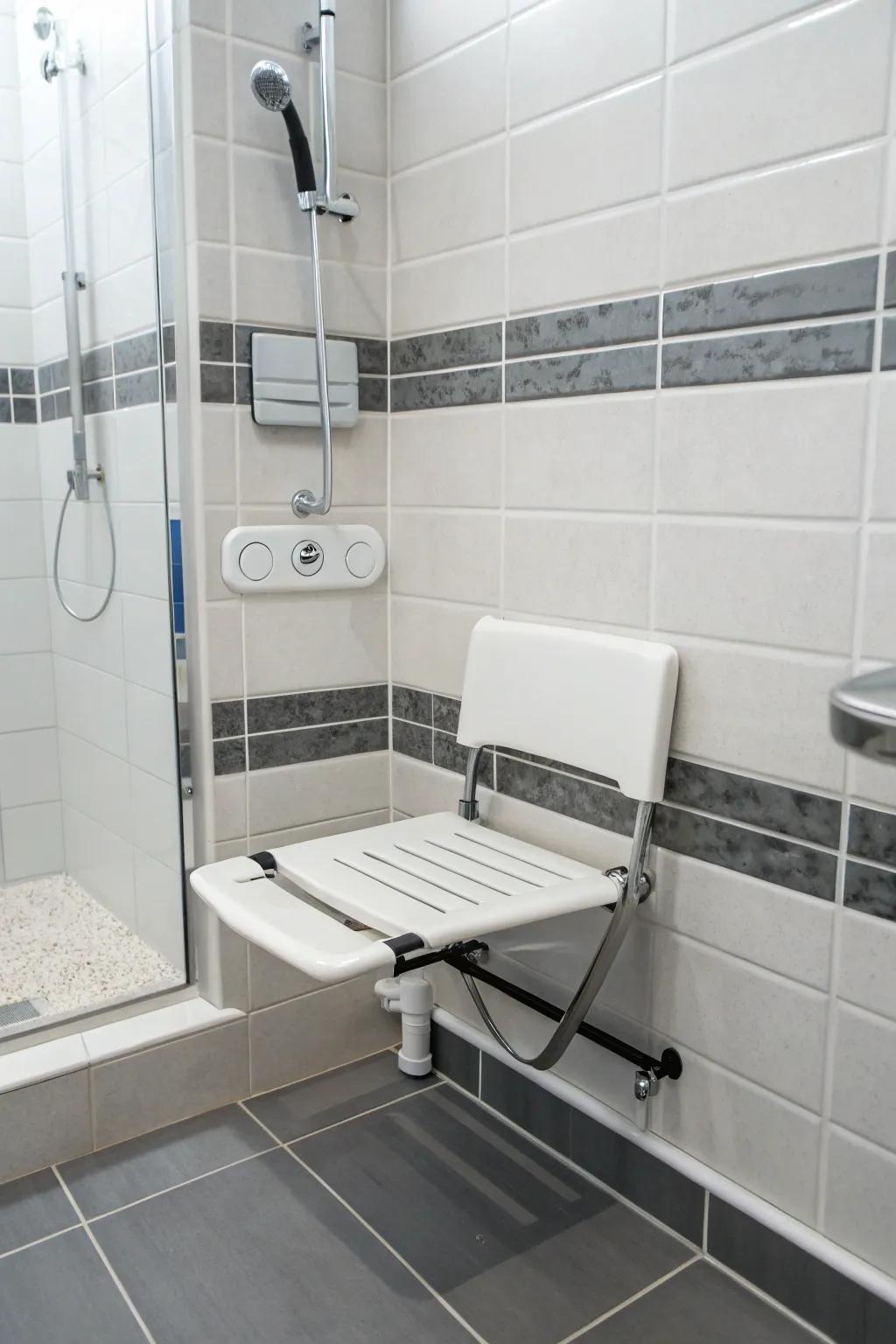A folding seat provides adjustable seating options in the shower.