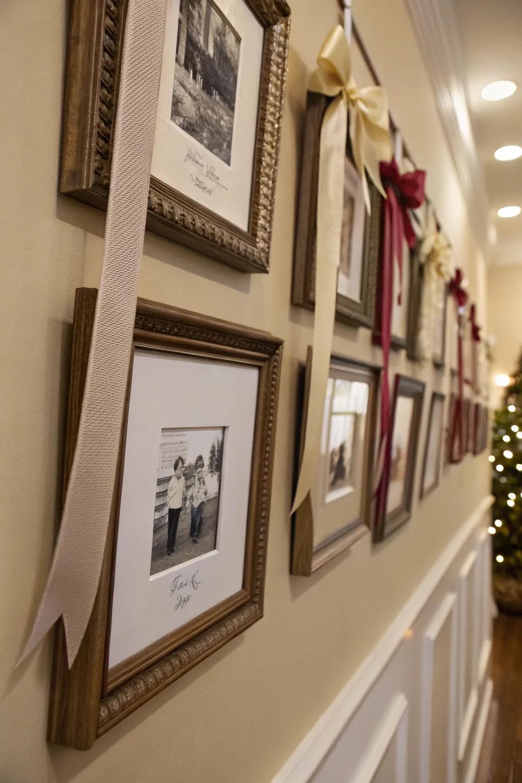 Picture frames embellished with band bows, adding a whimsical touch.
