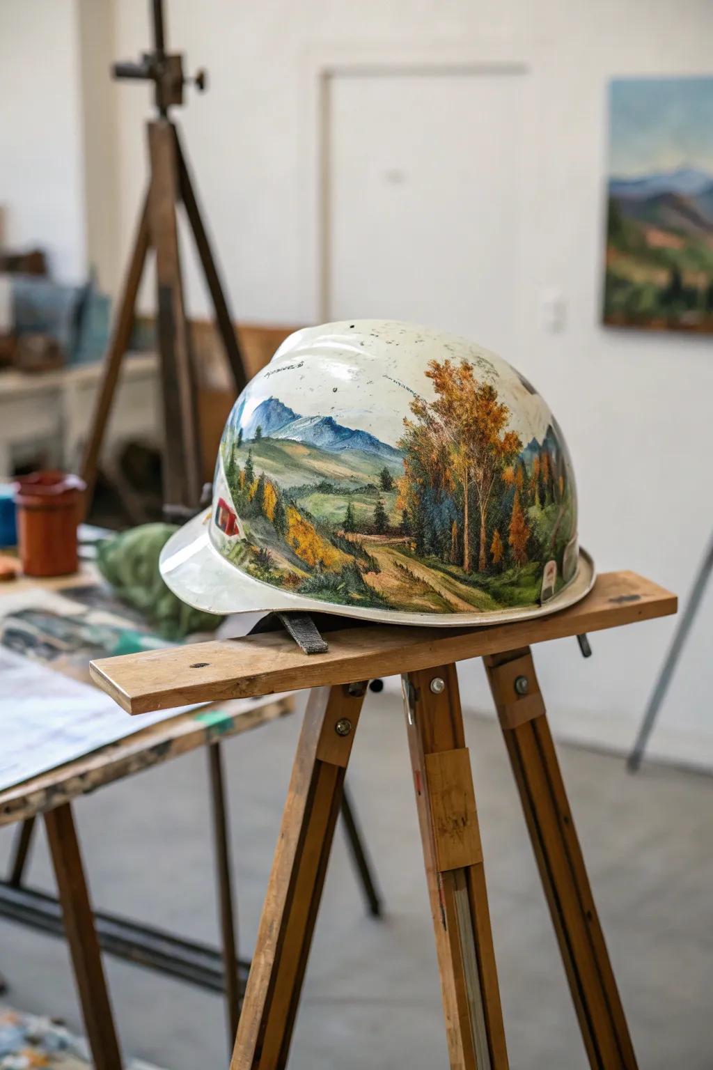 A hard hat turned into a platform for creative outpourings.