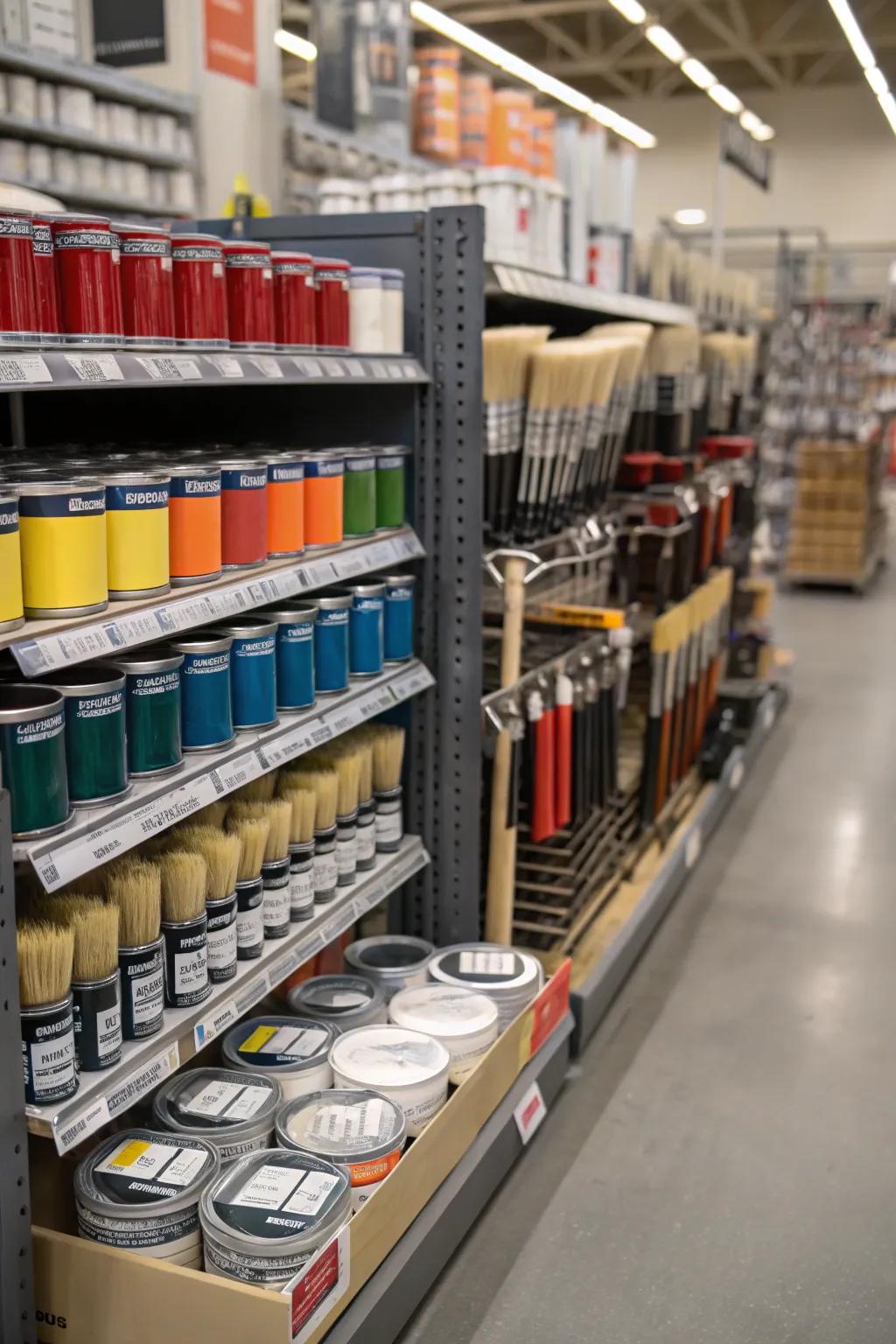 A cross-promoted display encompassing paint necessities and add-ons.